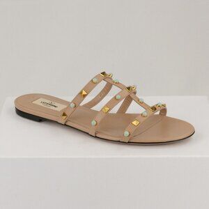 Valentino Rockstud Flat Sandal with Cabochon Stones, Rose Cannelle, EU 39